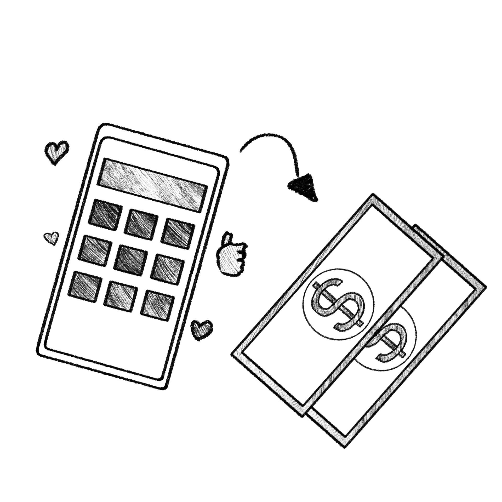 Dessin d'une calculatrice et de billet de banque